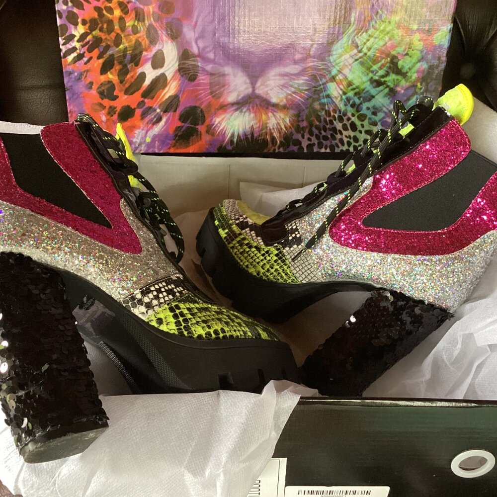 Cape Robbin Nell Heeled Boots for Women Sparkly Sequin Platform Chelsea Boots